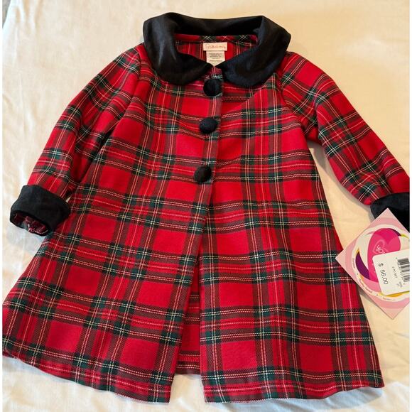 Youngland 2T Jacket Red/green plaid coat buttons, velvet collar & cuffs NWT - Picture 1 of 1